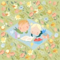 Cute Cartoon Kids reading Book on Flowers Meadow Royalty Free Stock Photo