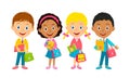 Cute cartoon kids stand with books and bags Royalty Free Stock Photo