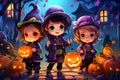 Cute cartoon kids wearing Halloween custume generated with AI