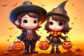 Cute cartoon kids wearing Halloween custume generated with AI