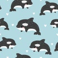 Cute cartoon killer whales seamless pattern. Baby print