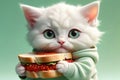 cute cartoon kitten with a big sandwich with red caviar, isolated on a light green background Royalty Free Stock Photo
