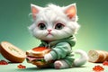 cute cartoon kitten with a big sandwich with red caviar, isolated on a light green background Royalty Free Stock Photo