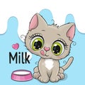 Cute Cartoon Kitten with a plate of milk Royalty Free Stock Photo