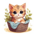 cute cartoon kitten sitting in a wicker basket on a white background Royalty Free Stock Photo