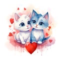 Cute cartoon kittens with heart on watercolor background. Valentines day illustration. Greeting card