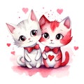 Cute cartoon kittens with hearts on white background. Valentines day illustration. Greeting card