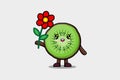 Cute cartoon Kiwi fruit character hold red flower