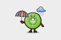 Cute cartoon Kiwi fruit in the rain using umbrella