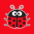 Cute cartoon lady bug sticker icon. Red background. Baby illustration. Flat design. Royalty Free Stock Photo