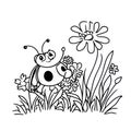 Cute Ladybug Character with Flowers and Grass, Hand-Drawn Line Art, Vector Royalty Free Stock Photo