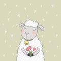 Cute cartoon lamb with red tulips. Royalty Free Stock Photo