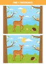 Cute cartoon landscape with hedgehog, deer and birds