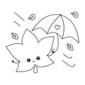 Cute cartoon leaf with umbrella in a fall autumn day funny vector black and white illustration for coloring art