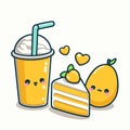 Cute cartoon lemonade in a cup with mango and cake, kawaii food vector illustration icon, generative ai