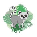 Cute cartoon lemur with palm leaves.