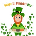 Cute cartoon leprechaun in costume with a dessert of three cupcakes decorated with the flag of Ireland. Royalty Free Stock Photo