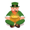 A cute cartoon leprechaun sitting in a lotus position with legs crossed and holding a pot of shiny gold coins. Happy St. Patrick