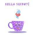 Cute cartoon lilac smiling cup with text hello sunday