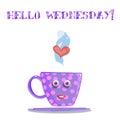 Cute cartoon lilac smiling cup and text hello wednesday