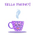 Cute cartoon lilac smiling female cup with pink polka dots, eye