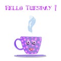 Cute cartoon lilac smiling female cup with pink polka dots, eye