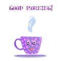 Cute cartoon lilac smiling female cup with pink polka dots, eyes