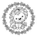 Cute cartoon lion cub in a round frame of flowers. Linear drawing. Vector Royalty Free Stock Photo