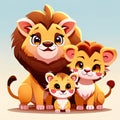 Cute cartoon lion family with baby lion cubs. Vector illustration Generative AI animal ai