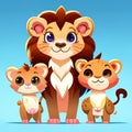 Cute cartoon lion family. Vector illustration of lion family with baby lion cubs. AI generated animal ai