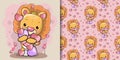 cute cartoon lion with hearts with pattern set