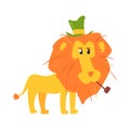 Cute cartoon lion ih a green top hat. African animal colorful character vector Illustration