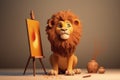 Cute Cartoon Lion With Very Big Eyes With A Canvas Painting. Generative AI
