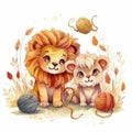 Cute cartoon lions baby watercolor. kawaii. digital art. concept art. isolated on a white background Royalty Free Stock Photo
