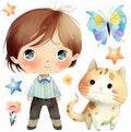 Cute cartoon little anime boy with cat and butterfly. Set of watercolor elements for your design. Generative AI