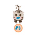 Cute Cartoon Little Baby Cat Icon. Cat standing on the floor. Cat biting and eating fish. Cat with gray color.
