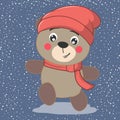 Cute cartoon little bear in knitted red cap and scarf. Hello winter. Royalty Free Stock Photo