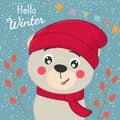 Cute cartoon little bear in knitted red cap and scarf.