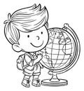 Cute cartoon little boy with backpack and globe. Isolated outline illustration with traveller child
