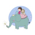 Cute cartoon Little boy and big elephant. Royalty Free Stock Photo