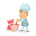 Cute cartoon little boy chef character with mixing bowl and a whisk Illustration