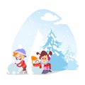 Cute cartoon little boy and girl sculpting snowman.