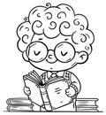 Cute cartoon little boy in glasses sitting and reading a book. Isolated outline vector illustration. Coloring book page for Royalty Free Stock Photo