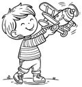 Cute cartoon little boy playing with an airplane toy on the outdoors. Outline vector illustration. Coloring book page for children Royalty Free Stock Photo