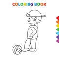 Cute cartoon little boy playing with ball coloring book for kids. black and white vector illustration for coloring book. little Royalty Free Stock Photo