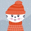 Cute cartoon little cat kitty on winter background. Royalty Free Stock Photo