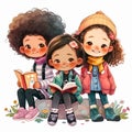 Cute cartoon little children reading books together sitting on a stone. Multiethnic schoolgirls walking outdoors. Kids clipart