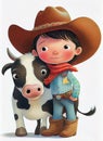 Cute cartoon little cowboy hugging cow on white background. Children\'s book illustration. Generative AI