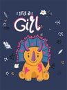 Cute cartoon little dinosaur - vector illustration. Cute simple dino , its a girl postcard-Great for designing baby clothes