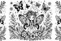 Cute cartoon little fairy lovely girl line art black and white seamless pattern with flowers, leaves, butterflies, wreath. Line Royalty Free Stock Photo